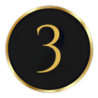 A gold number three centered on a black circular background with a gold border.